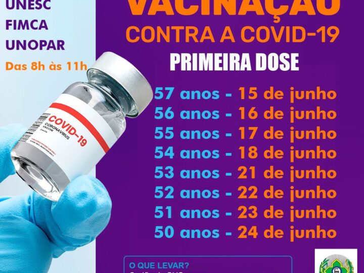 Confira o calendário de vacinação da 1ª dose contra a covid-19 para pessoas sem comorbidades de 50 a 57 anos