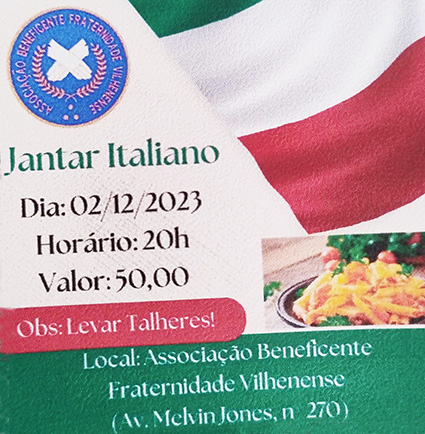 É HOJE! Na noite deste sábado acontece o 1º Jantar Italiano da Fraternidade em Vilhena